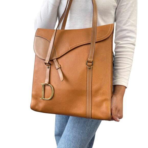 Christian Dior Vintage 2002 Logo Saddle Shoulder Tote Bag Camel Gold [106215] - Picture 2 of 15